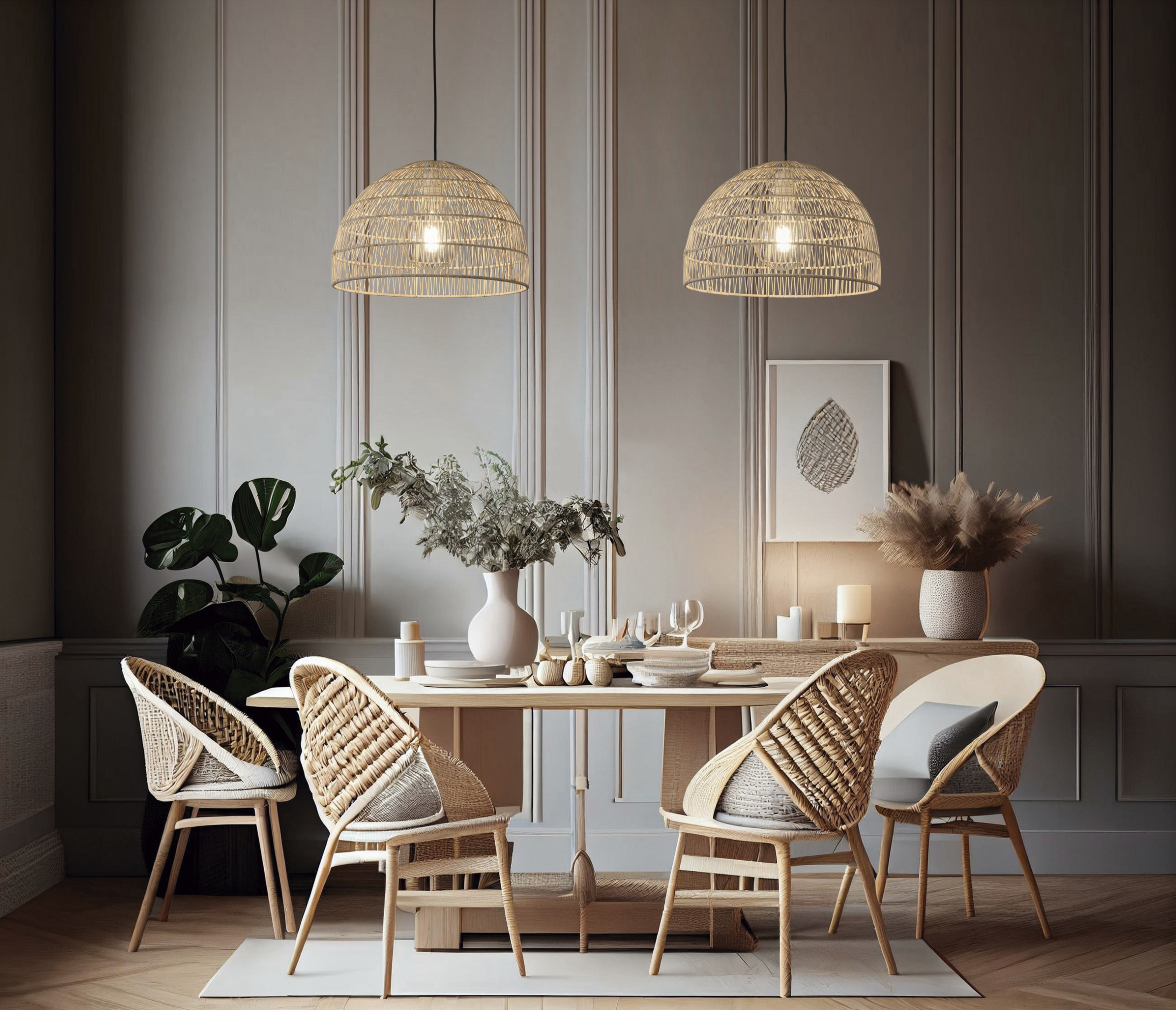 Room mockup in Scandinavian dining room design, rattan chairs an