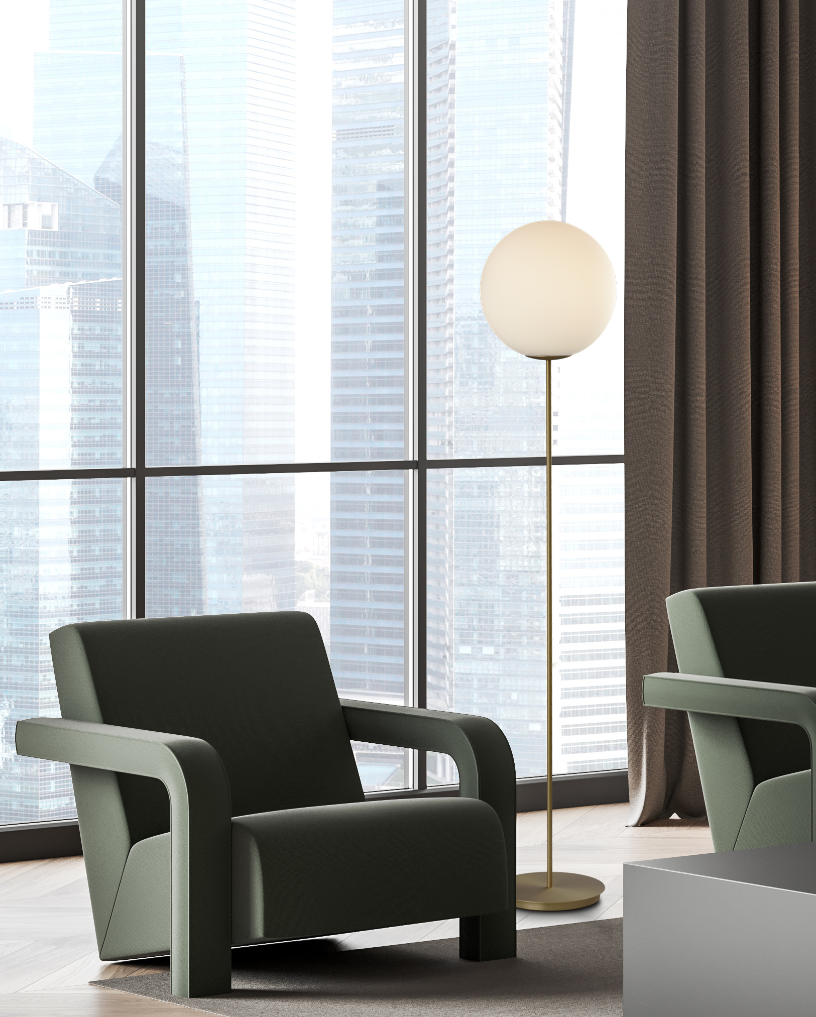 Light relax room interior with armchairs and window. Mockup frame